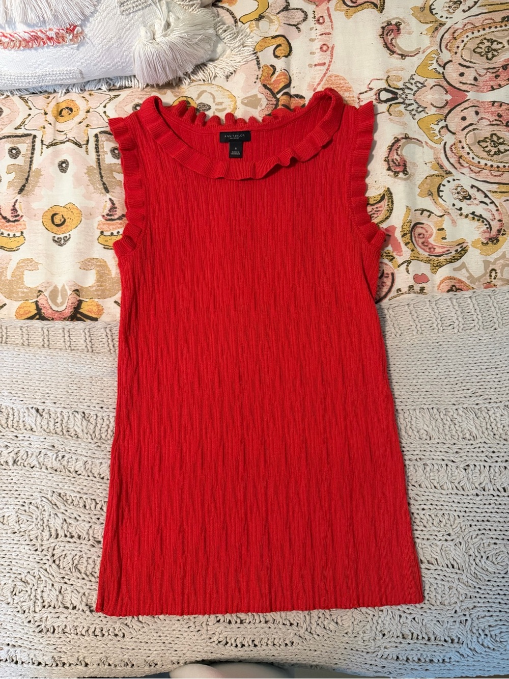 Ann Taylor Red Ruffle-Trim Sleeveless Tank Top